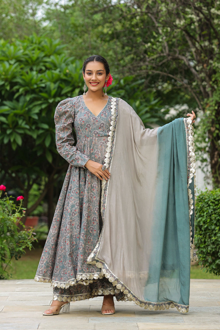 <img> Granny Grey Cotton Floral Printed Anarkali Set