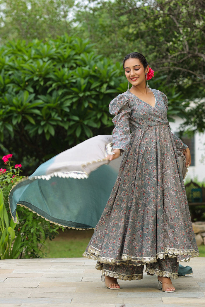 <img> Granny Grey Cotton Floral Printed Anarkali Set