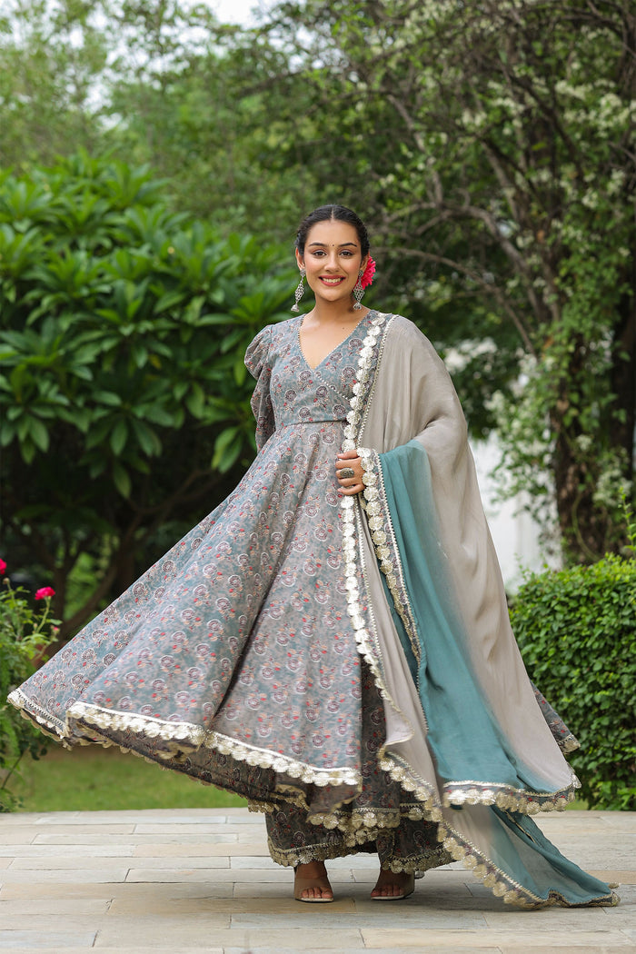 <img> Granny Grey Cotton Floral Printed Anarkali Set