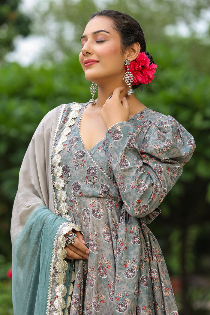 <img> Granny Grey Cotton Floral Printed Anarkali Set