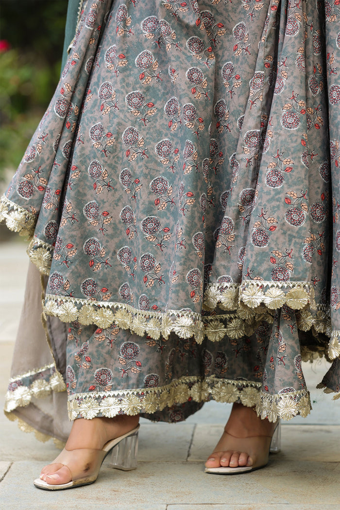 <img> Granny Grey Cotton Floral Printed Anarkali Set