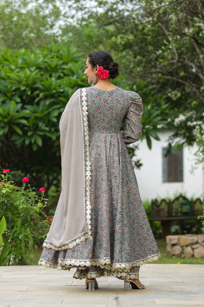 <img> Granny Grey Cotton Floral Printed Anarkali Set