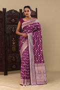 Grape Purple Banarasi Silk Saree With Floral Bel