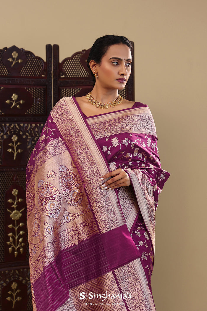 Grape Purple Banarasi Silk Saree With Floral Bel