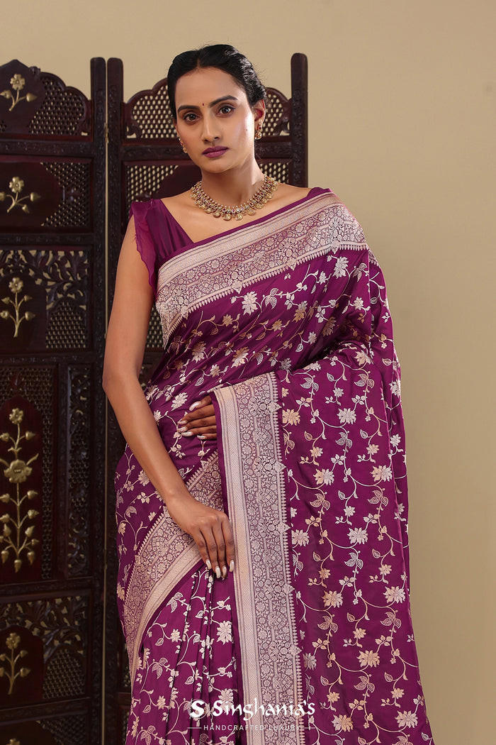Grape Purple Banarasi Silk Saree With Floral Bel