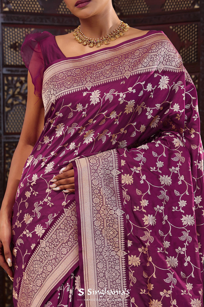 Grape Purple Banarasi Silk Saree With Floral Bel