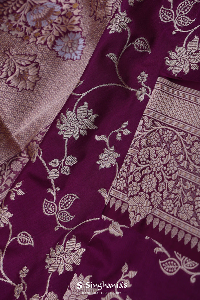 Grape Purple Banarasi Silk Saree With Floral Bel