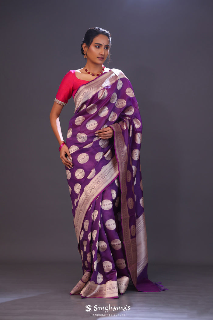 <img> Grape Purple Butta Banarasi Silk Saree