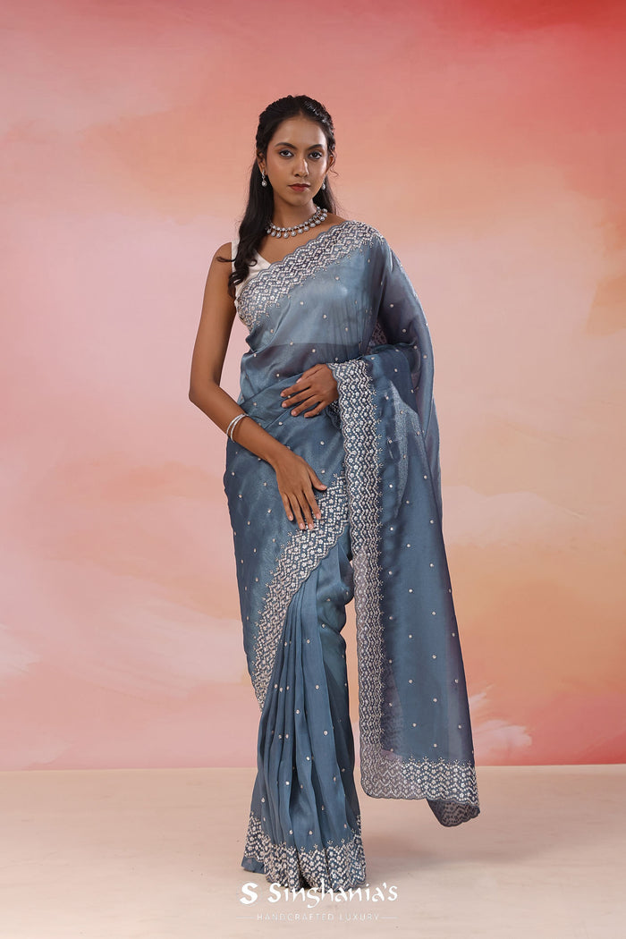 Gray Blue Organza Tissue Saree With Scallop Border