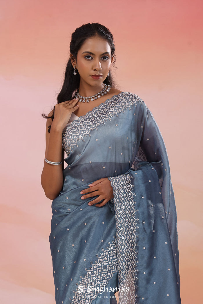 Gray Blue Organza Tissue Saree With Scallop Border