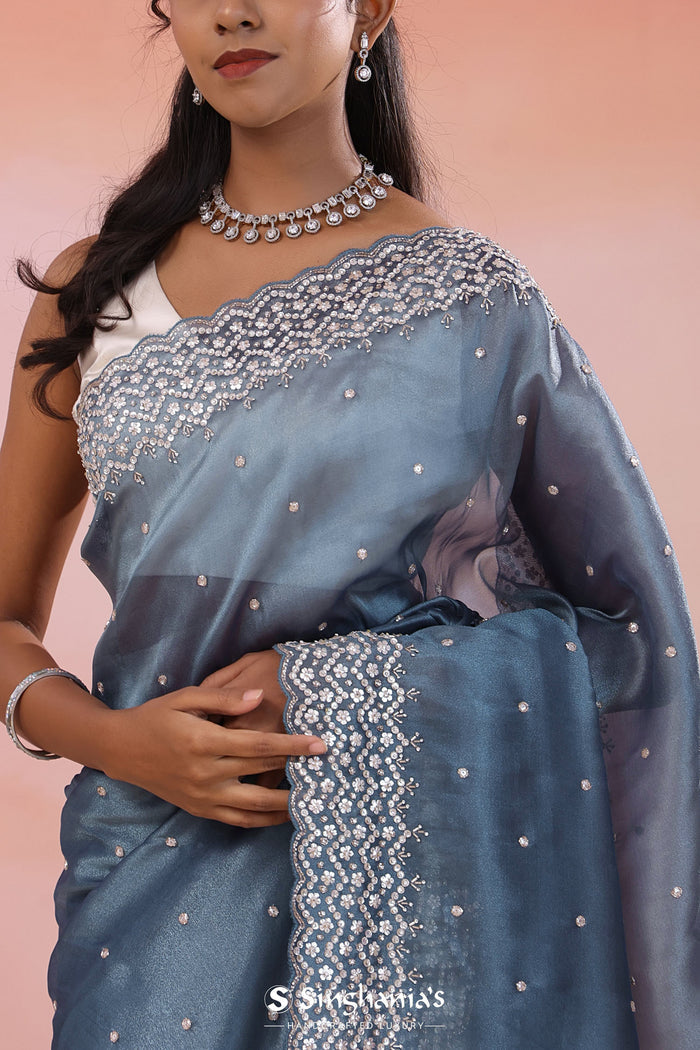Gray Blue Organza Tissue Saree With Scallop Border