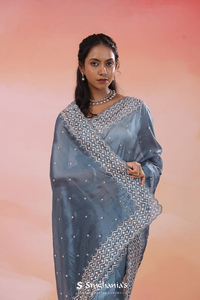 Gray Blue Organza Tissue Saree With Scallop Border