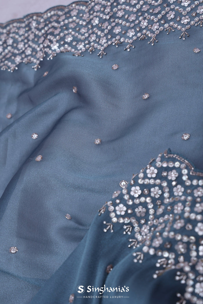 Gray Blue Organza Tissue Saree With Scallop Border