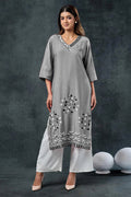 Gray Rayon Kurta Set With Leaf Embroidery