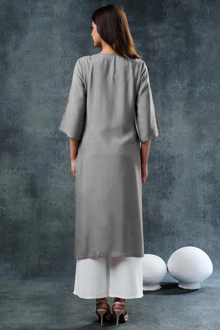 Gray Rayon Kurta Set With Leaf Embroidery