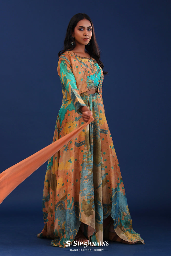 <img> Green And Multicolour Crepe Silk Printed Anarkali Set