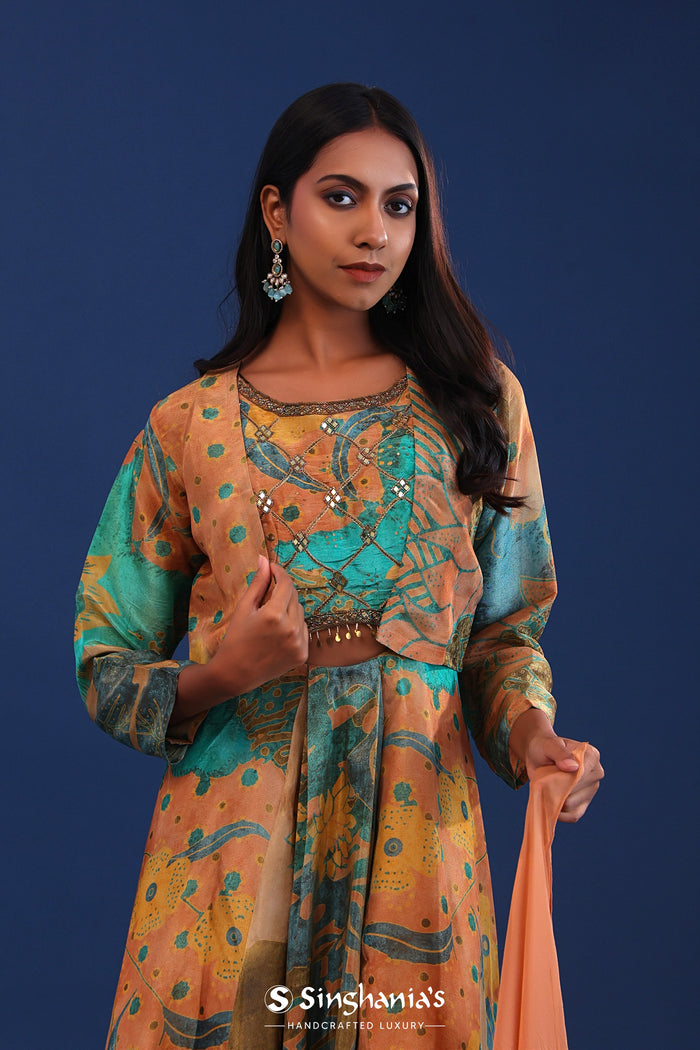 <img> Green And Multicolour Crepe Silk Printed Anarkali Set