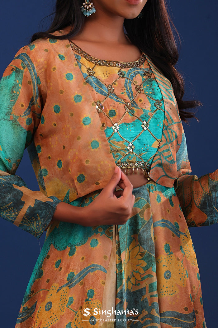 <img> Green And Multicolour Crepe Silk Printed Anarkali Set