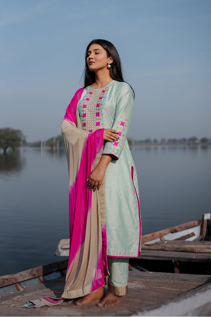 <img> Green And Pink Cotton Kurta Set With Hand Embroidery