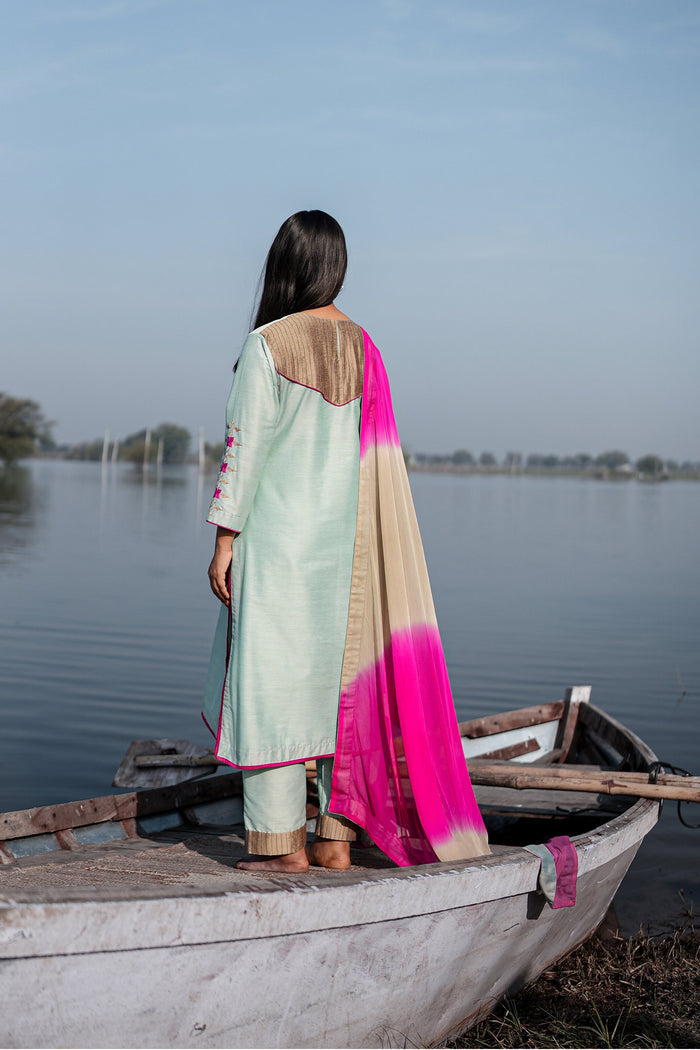 <img> Green And Pink Cotton Kurta Set With Hand Embroidery