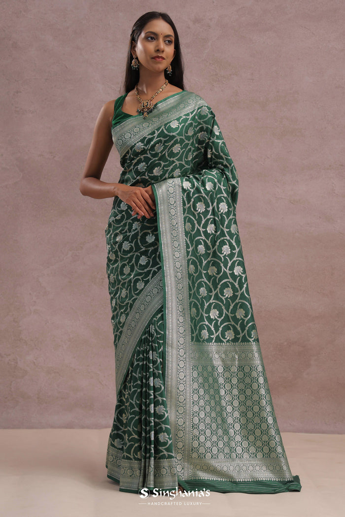 <img> Green Banarasi Silk Saree With Silver Zari Border