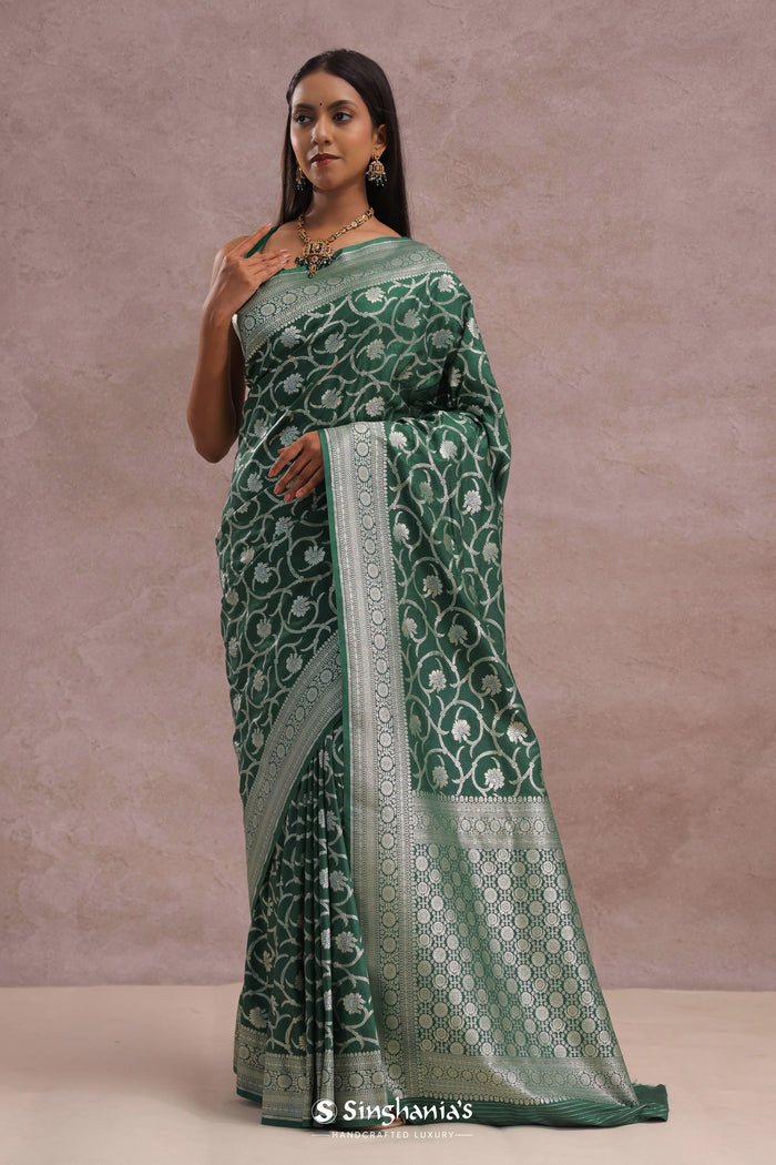 <img> Green Banarasi Silk Saree With Silver Zari Border