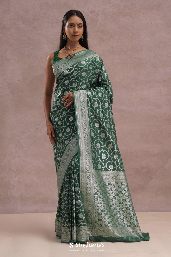 <img> Green Banarasi Silk Saree With Silver Zari Border