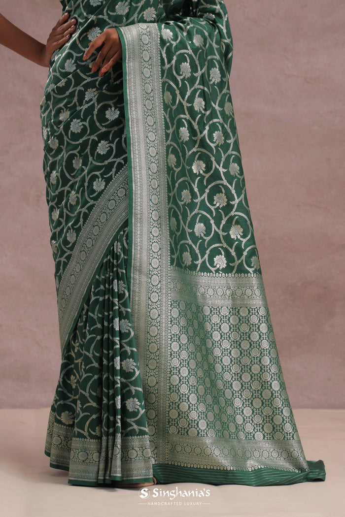 <img> Green Banarasi Silk Saree With Silver Zari Border