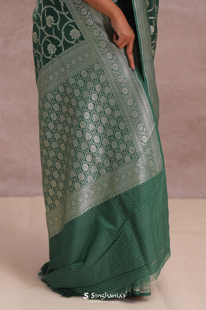<img> Green Banarasi Silk Saree With Silver Zari Border