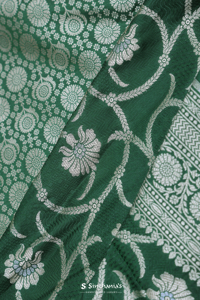 <img> Green Banarasi Silk Saree With Silver Zari Border