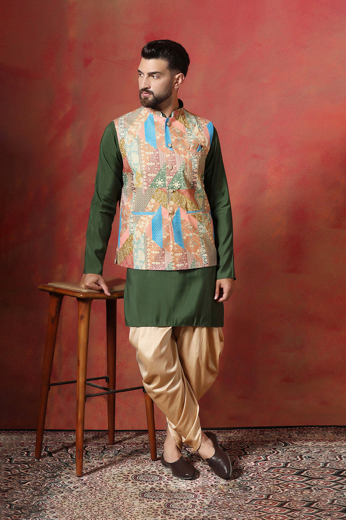 Green Cotton Blend Kurta Set With Nehru Jacket