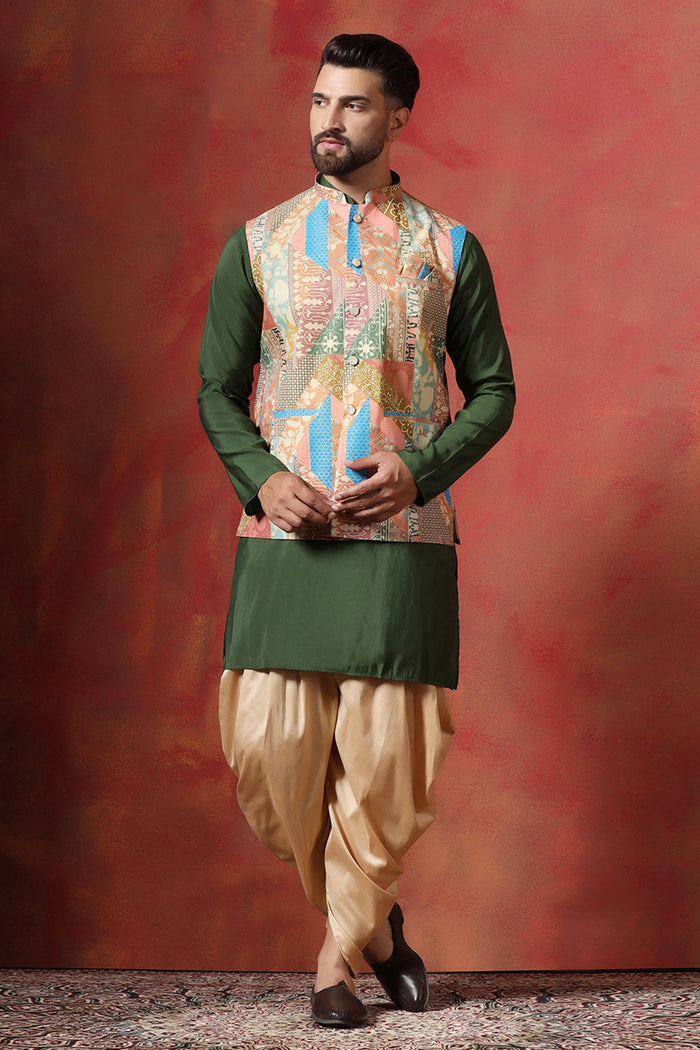 Green Cotton Blend Kurta Set With Nehru Jacket