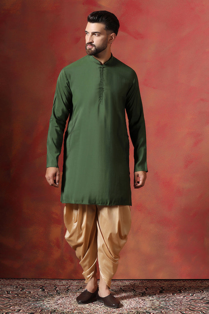 Green Cotton Blend Kurta Set With Nehru Jacket