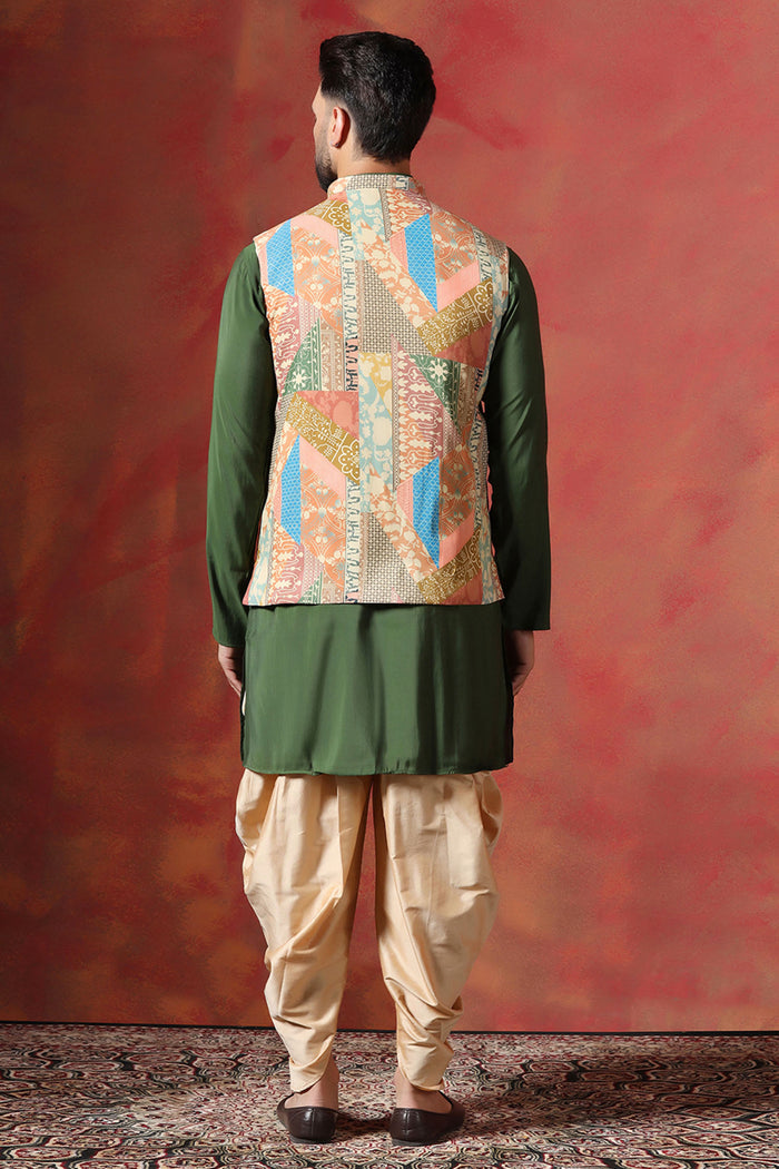 Green Cotton Blend Kurta Set With Nehru Jacket