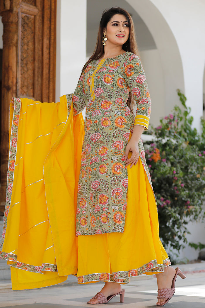 Green Cotton Floral Printed Kurta Set With Yellow Palazzo And Dupatta