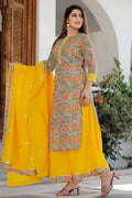 Green Cotton Floral Printed Kurta Set With Yellow Palazzo And Dupatta