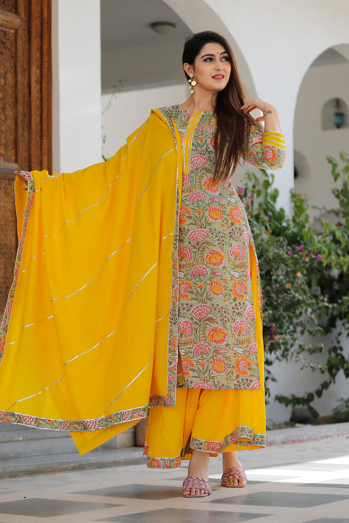 Green Cotton Floral Printed Kurta Set With Yellow Palazzo And Dupatta