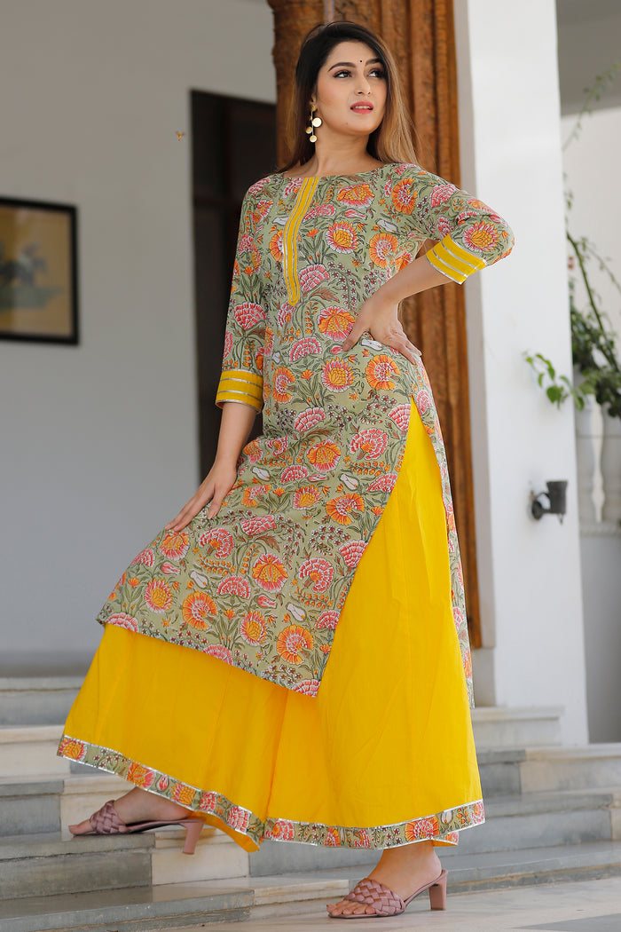 Green Cotton Floral Printed Kurta Set With Yellow Palazzo And Dupatta