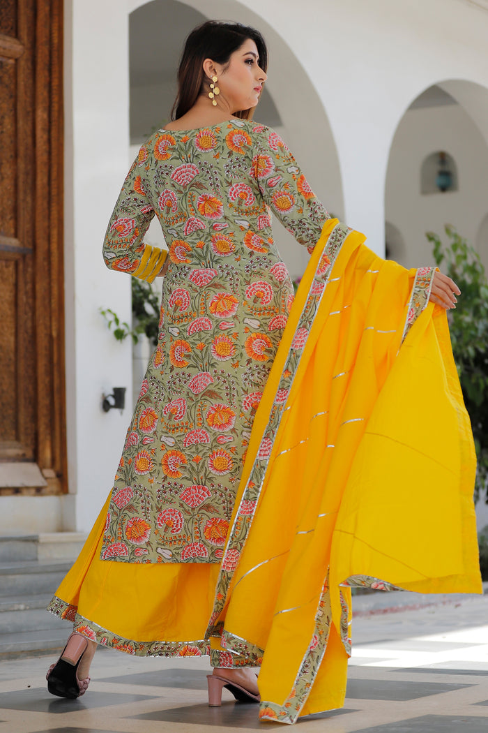 Green Cotton Floral Printed Kurta Set With Yellow Palazzo And Dupatta