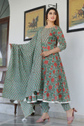 Green Cotton Floral Printed Kurta Set
