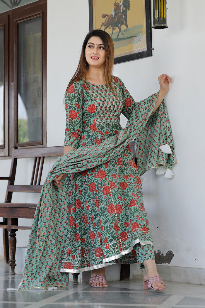 Green Cotton Floral Printed Kurta Set