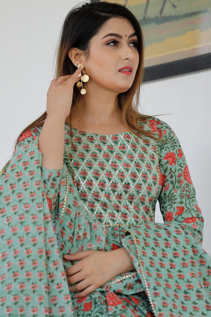 Green Cotton Floral Printed Kurta Set