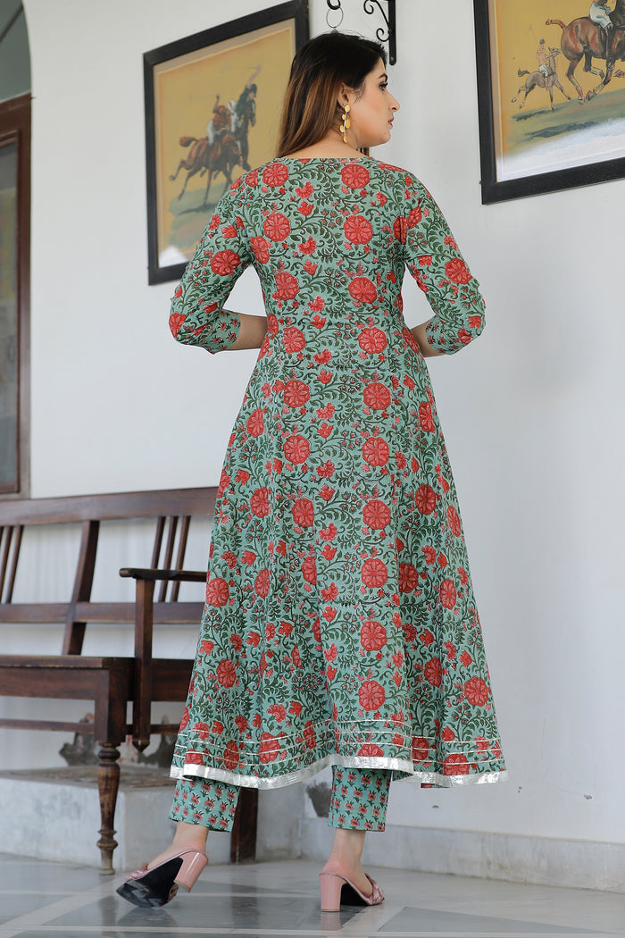 Green Cotton Floral Printed Kurta Set