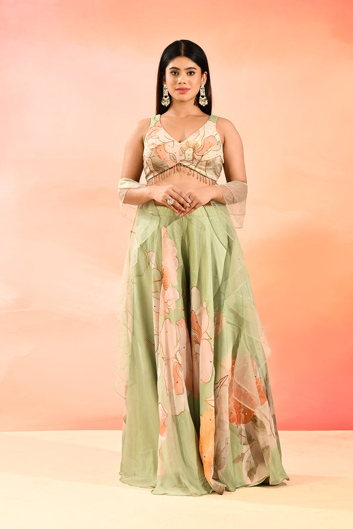 Green Floral Organza Choli Set