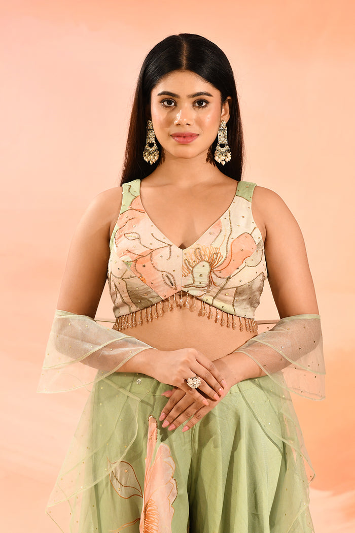 Green Floral Organza Choli Set