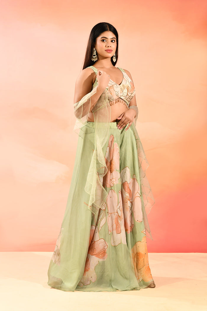 Green Floral Organza Choli Set