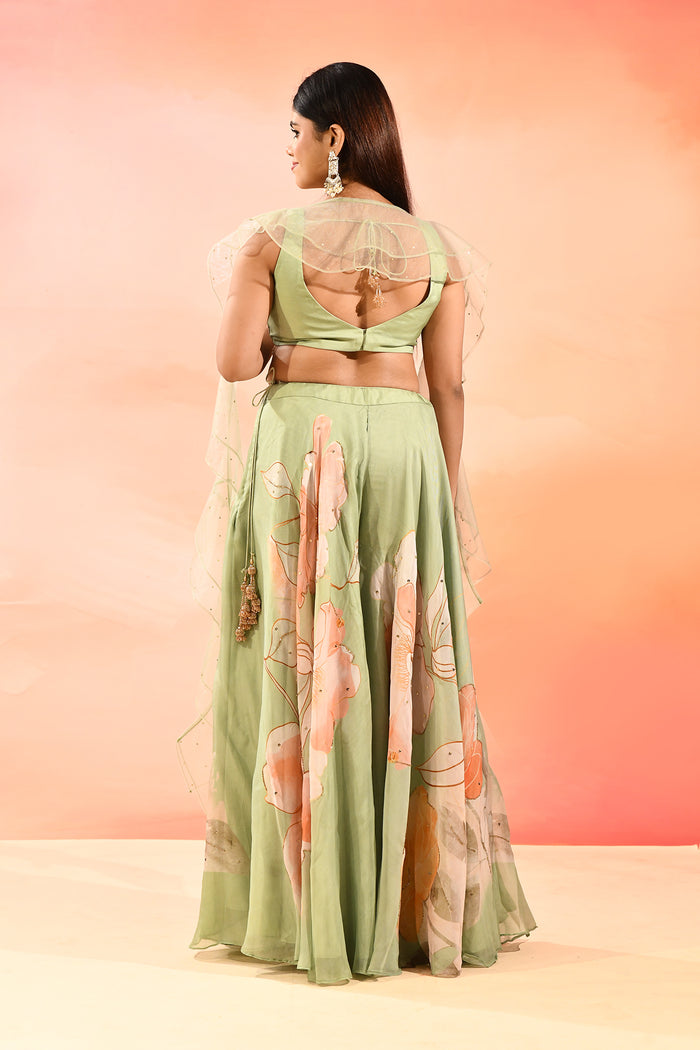 Green Floral Organza Choli Set
