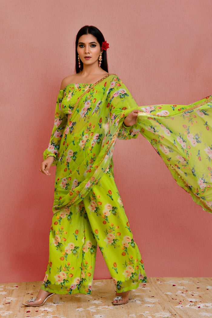 <img> Green Georgette Ready-Made Saree With Floral Prints