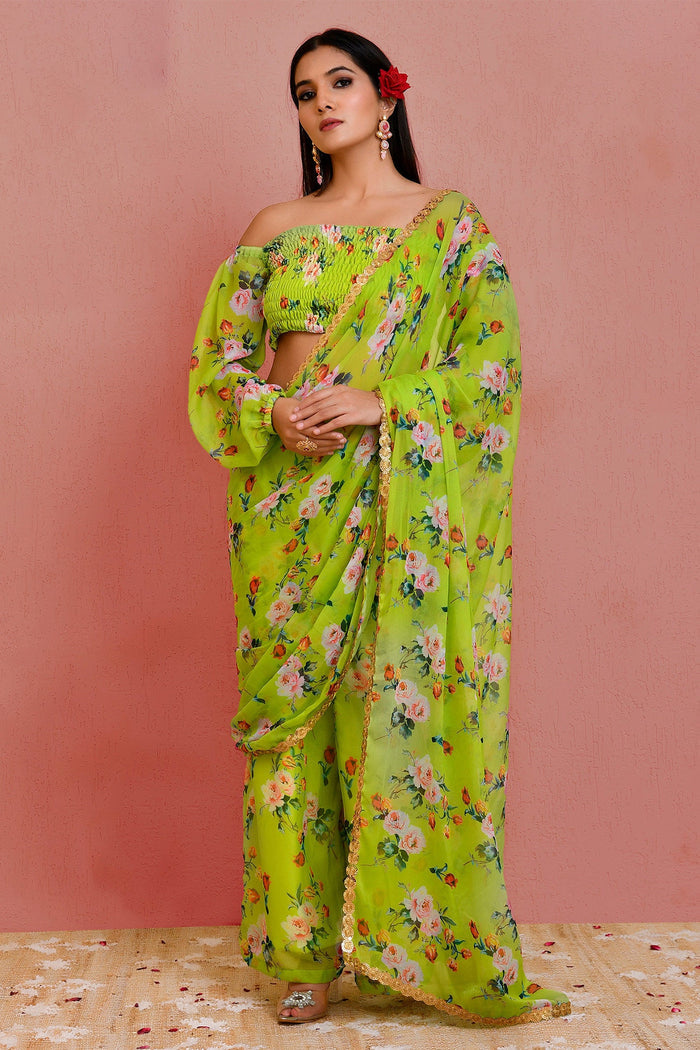 <img> Green Georgette Ready-Made Saree With Floral Prints