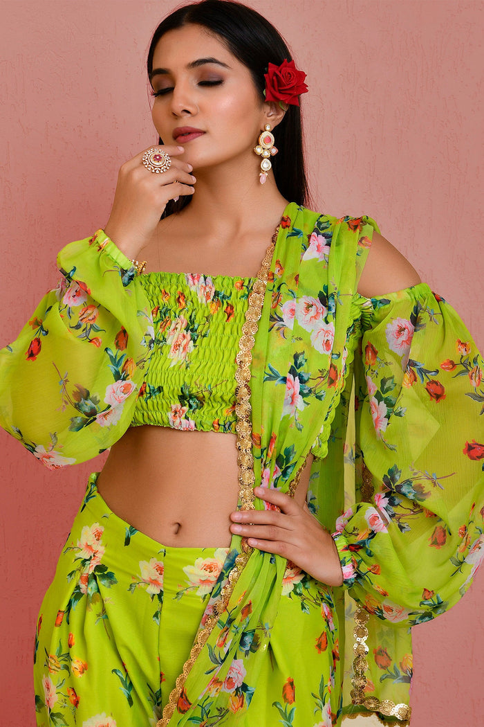 <img> Green Georgette Ready-Made Saree With Floral Prints